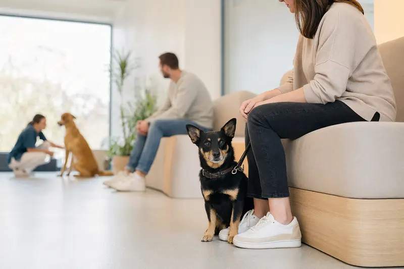 Ein Lancashire Heeler sitzt ruhig neben seinem Besitzer im hellen Wartezimmer einer modernen Tierarztpraxis.
